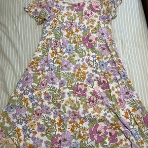 Polagram Floral Midi Dress in White, Purple, Pink, Green, Orange